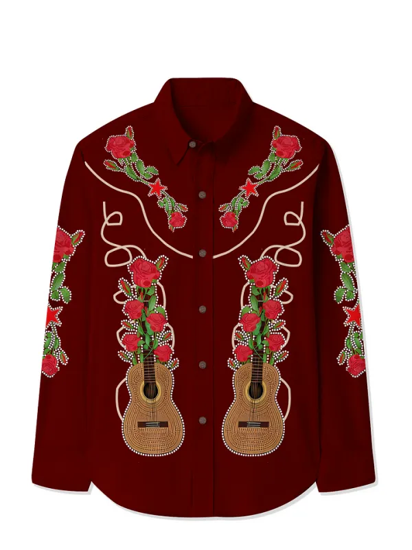 Vintage Guitar Rose Printed Hawaiian Shirt For Men Button-down Shirt Long Sleeve 100% Cotton Shirt
