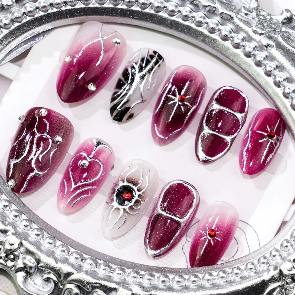 Nailhour 30Pcs Purple Gothic 3D Short Almond Press On Nails