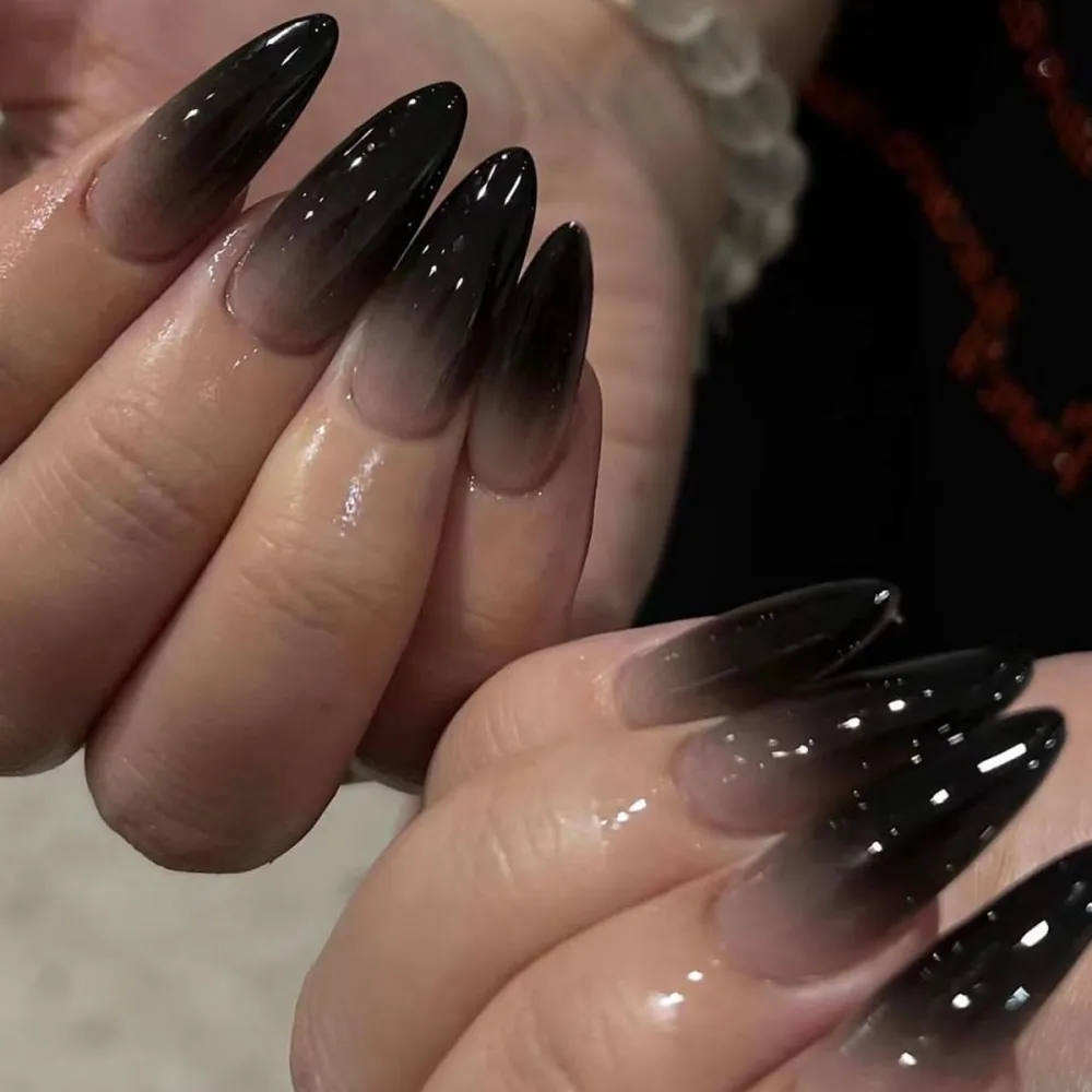 Nailhour 24Pcs Black Gradient Medium Almond French Press On Nails
