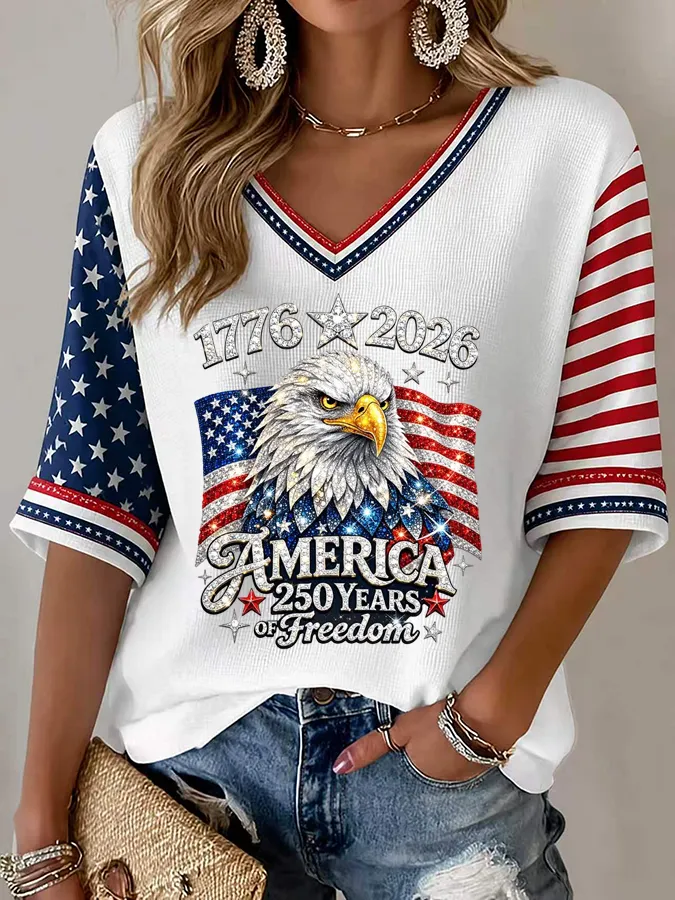 Women's American Flag Printed Casual Waffle Long Sleeve T-shirt