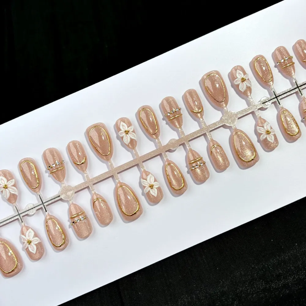 Nailhour 30Pcs Champagne Nude 3D Medium Almond French Press On Nails