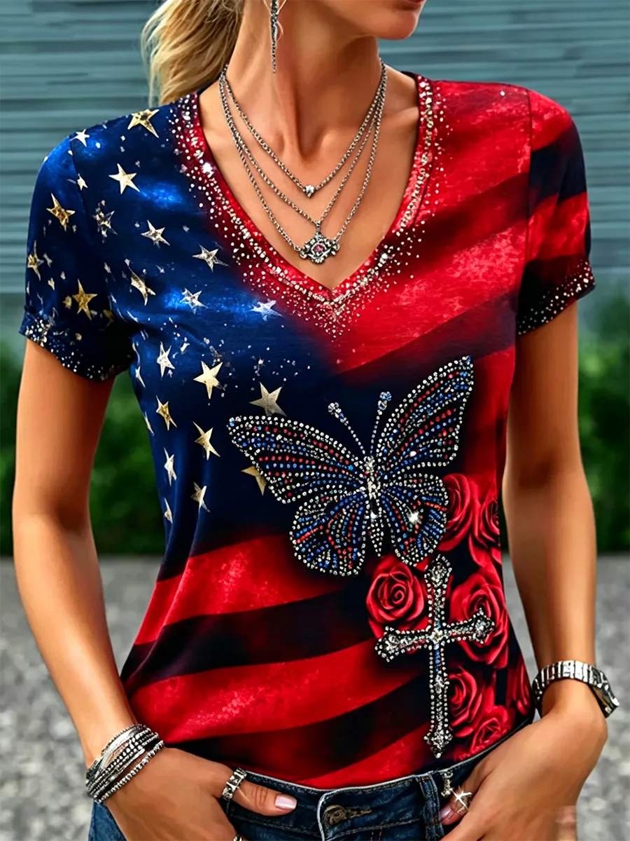 Women's USA Flag Rhinestone Butterfly Cross Rose Art Print Casual T-Shirt