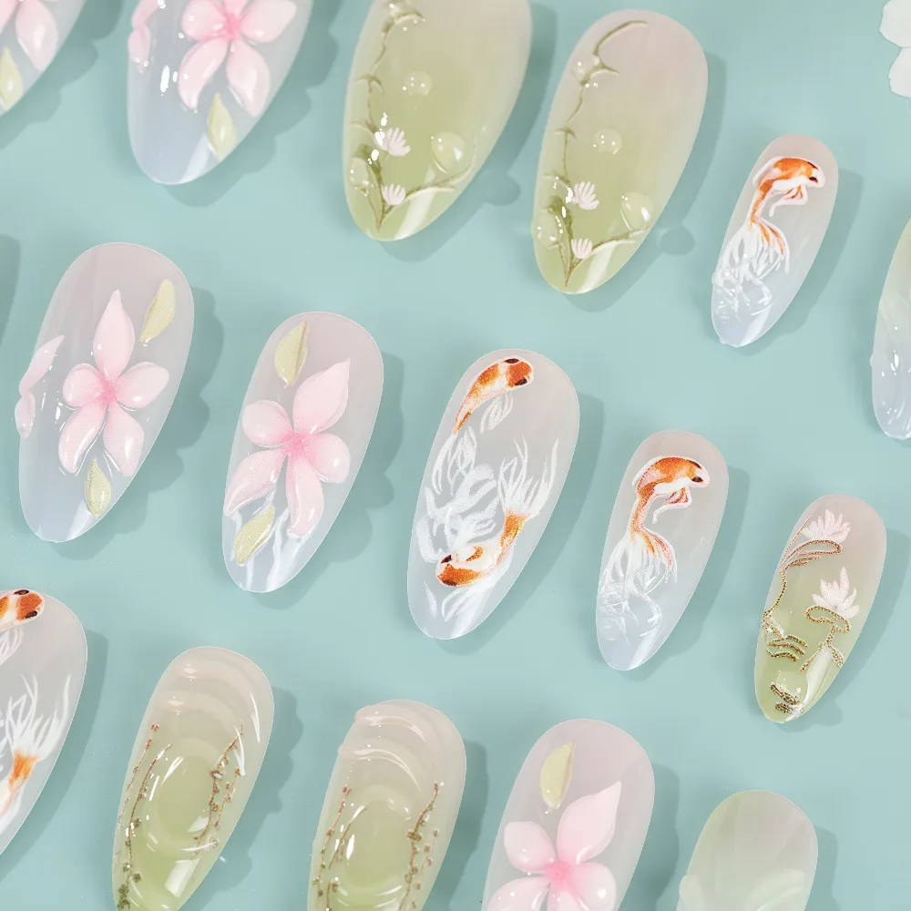 Nailhour Summer 3D Nude Aquatic Plants and Goldfish 24Pcs Press On Nails