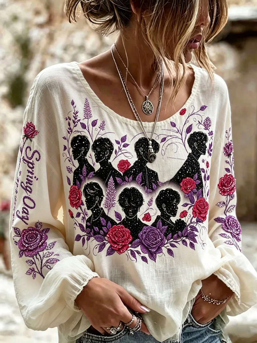 K-pop-Inspired Rhinestones Floral Print Women's Long Sleeve Shirt