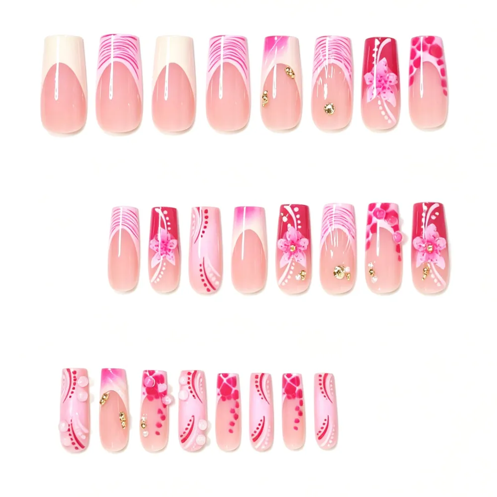Nailhour 24Pcs Pink 3D Floral Gilded Long Coffin Press On Nails