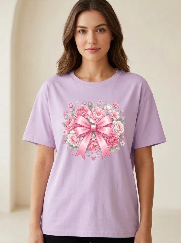 Women's Breast Cancer Awareness Pink Ribbon Floral Bow Printed T-shirt