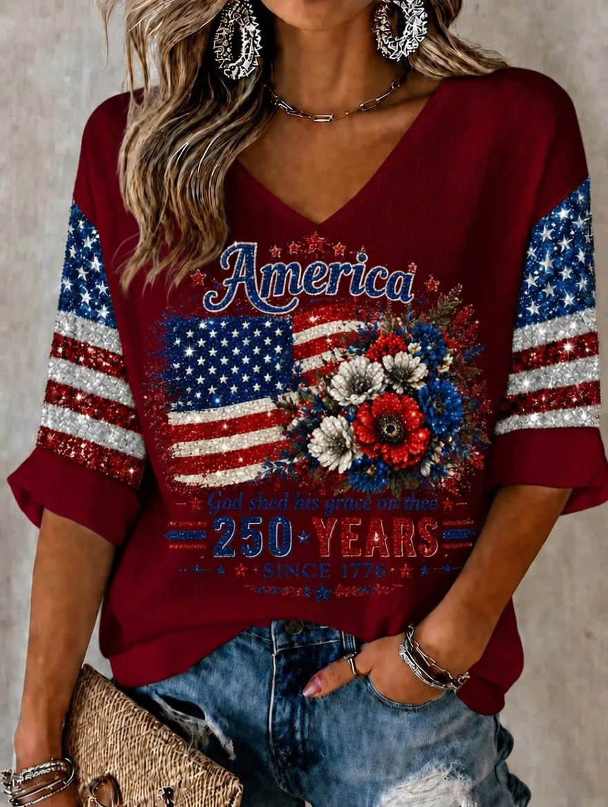 Women'S Retro Independence Day Art Printed Casual T-Shirt