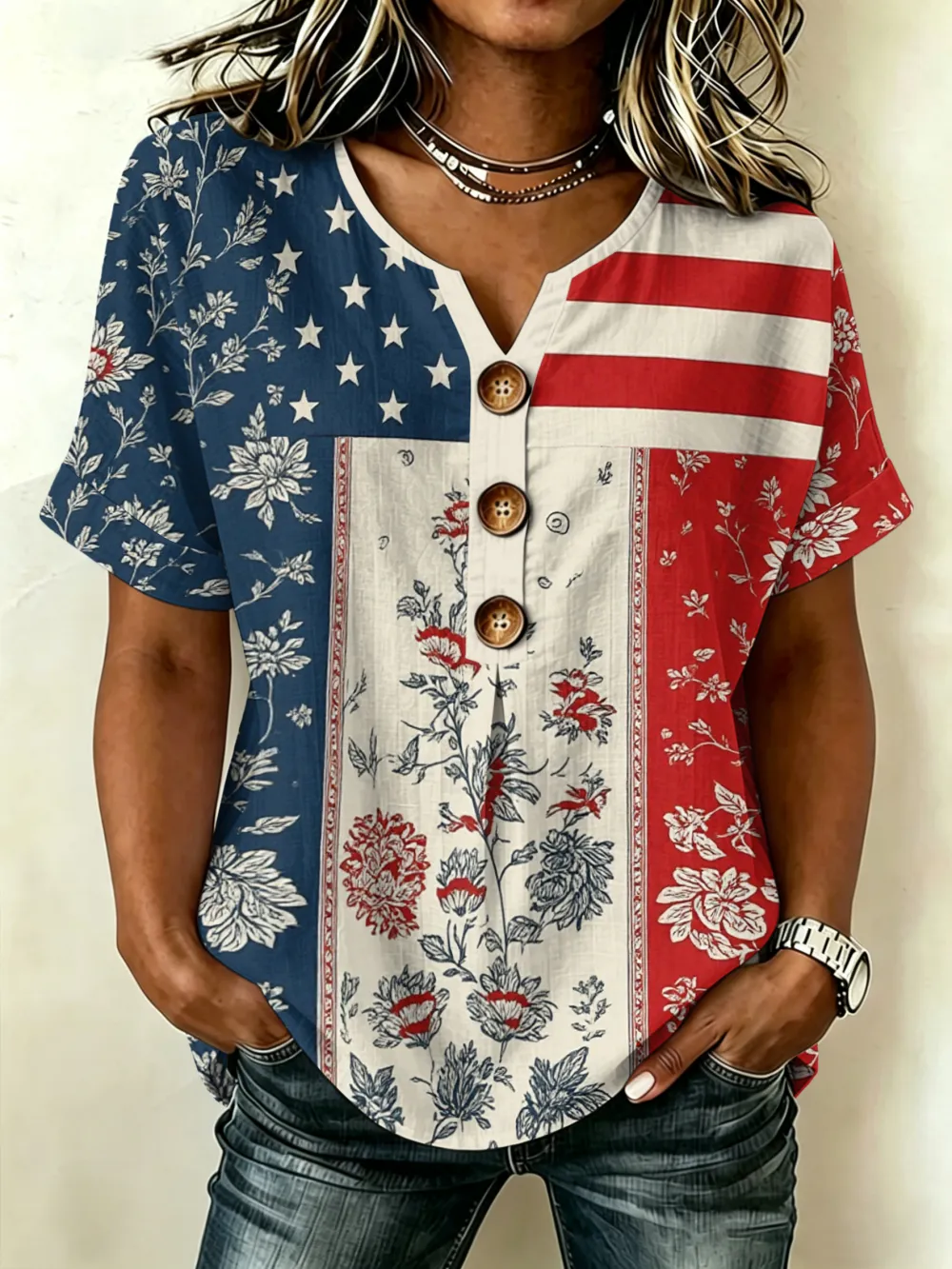 Women's American 250th Anniversary Printed Cotton Linen Top