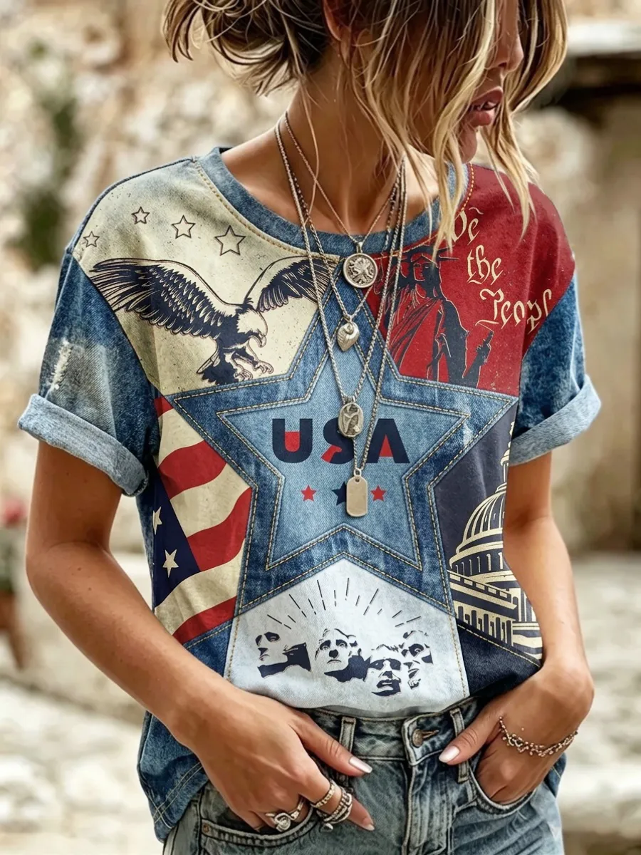 American Independence Day Retro Denim Print Women's Linen T-Shirt