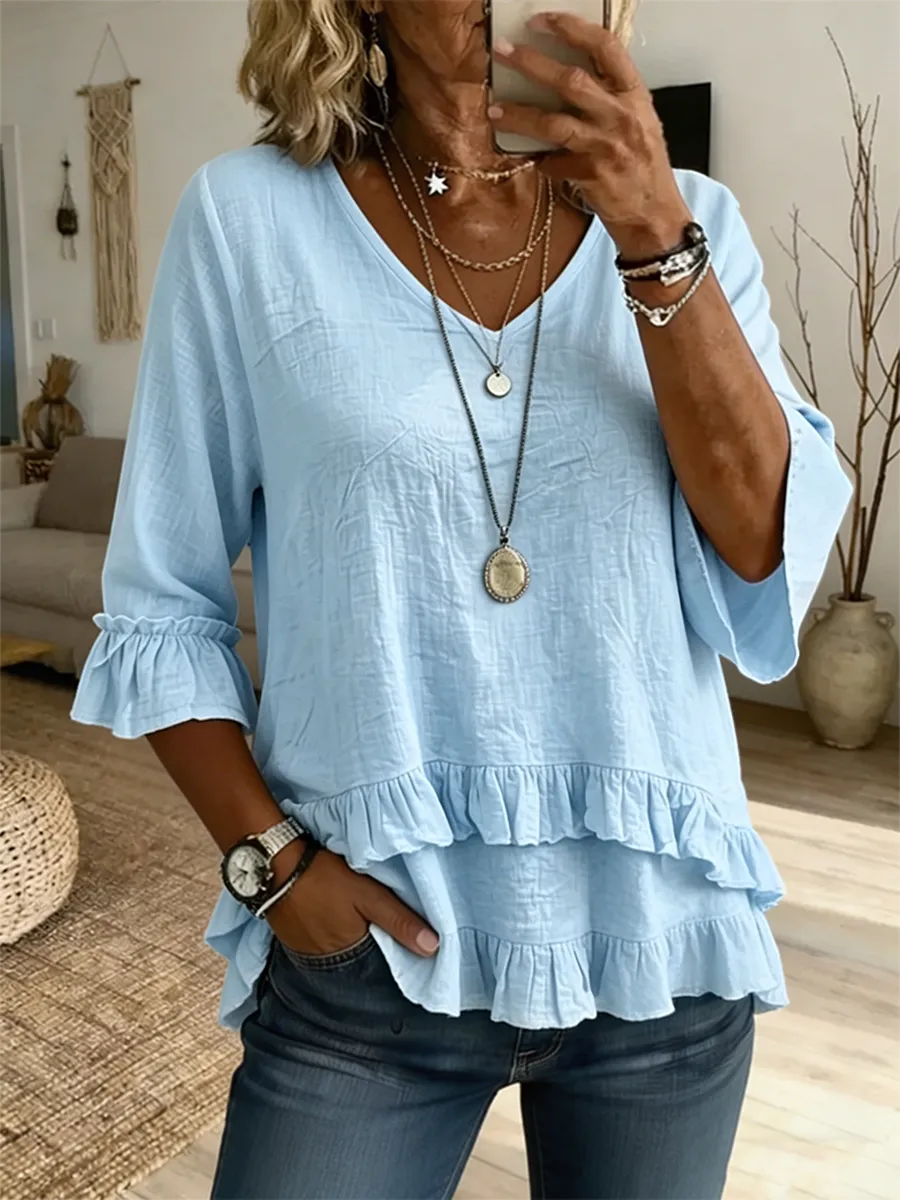 Women's Linen Blend Ruffle Hem V-Neck 3/4 Sleeve Casual Blouse