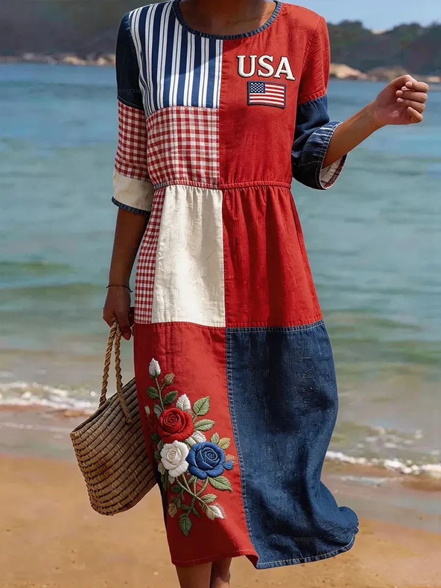 Women'S Casual Cotton And Linen 250Th Anniversary Patriotic Dress