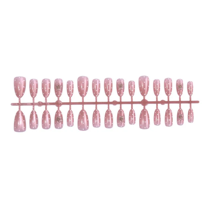 Nailhour 30Pcs Pink Polka Dots Cat Eye Medium Almond French Press On Nails