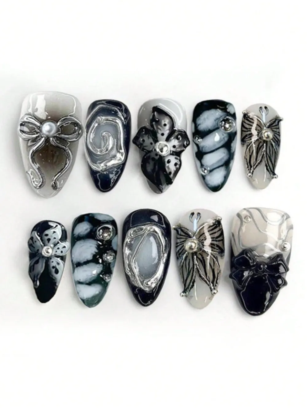 Nailhour 10Pcs 3D Y2K Black Party Medium Almond Press On Nails