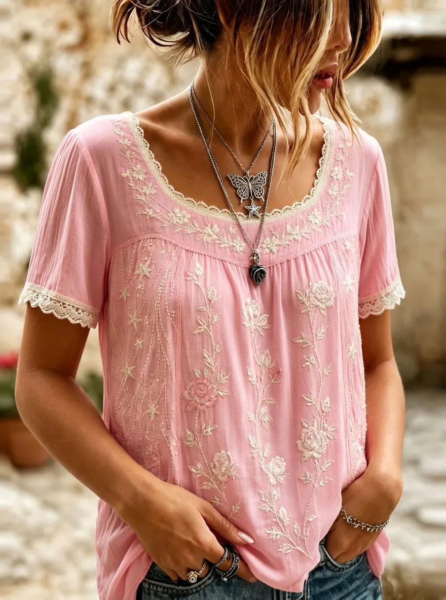 Women's Floral Bohemian Star Embroidered Printed Short Sleeve T-shirt