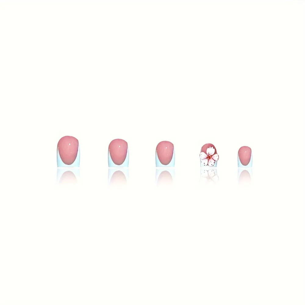 Nailhour 24Pcs French 3D Floral Short Square Press On Nails
