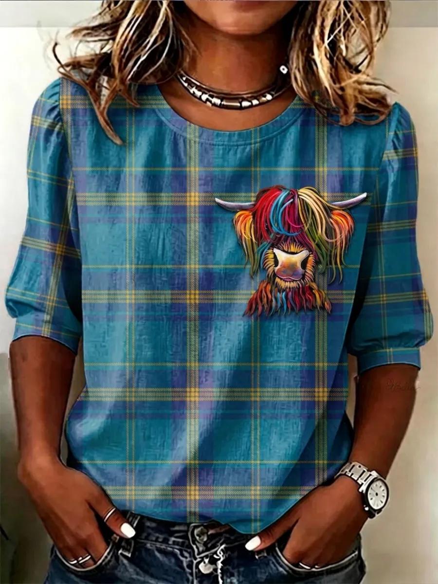 Women's Scottish Highland Cattle Design Cotton-Linen T-Shirt