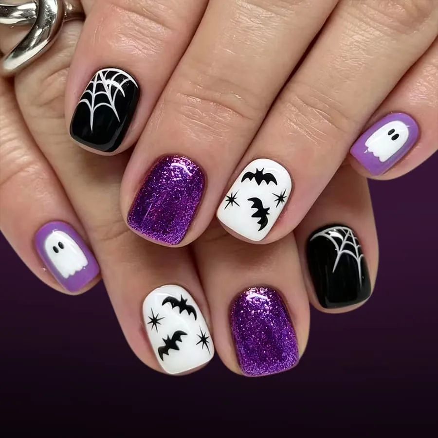 Nailhour 24Pcs Spider Web Skeleton Glossy Halloween Short Squoval Press On Nails