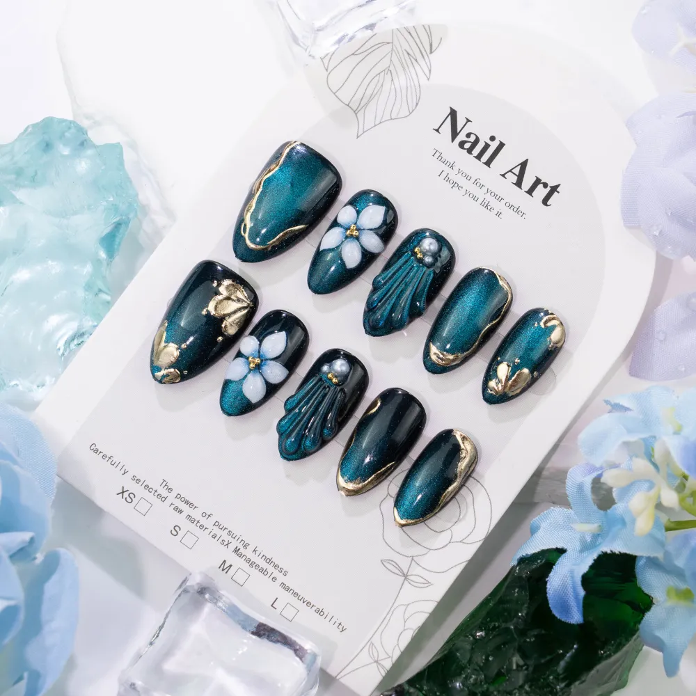 Nailhour 30Pcs Blue Glitter Medium Almond Press On Nails