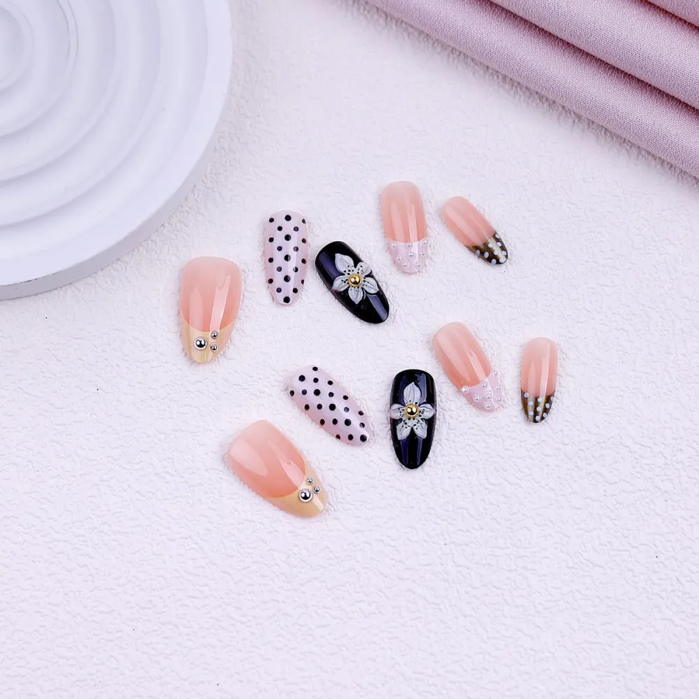 Nailhour 30Pcs 3D Medium Almond French Polka Dot Press On Nails