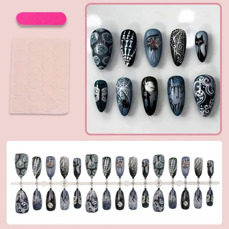 Nailhour 30Pcs Halloween Spider Web 3D Medium Almond French Press On Nails