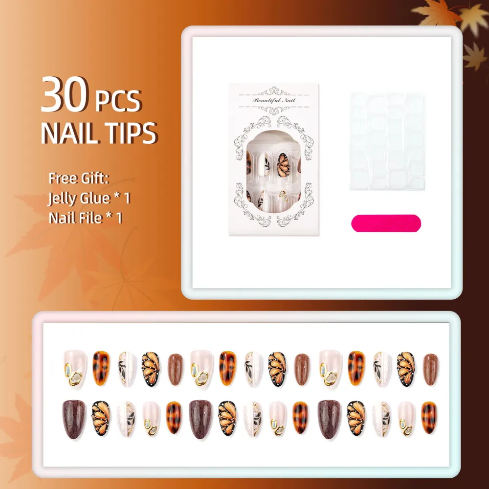 Nailhour 30Pcs Brown Butterfly Medium Almond Autumn Press On Nails