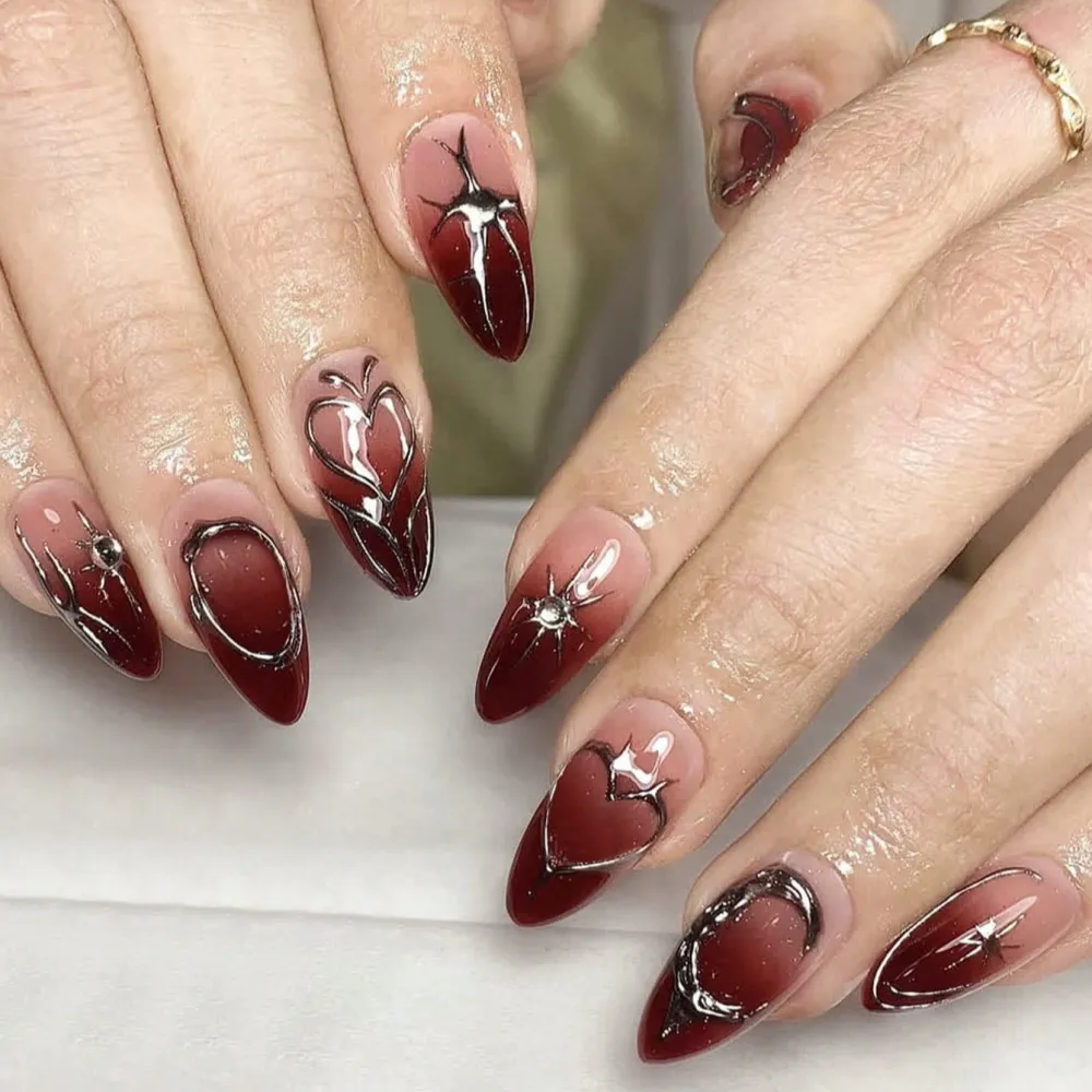 Nailhour 24Pcs Gradient Y2K Red 3D Medium Almond Press On Nails
