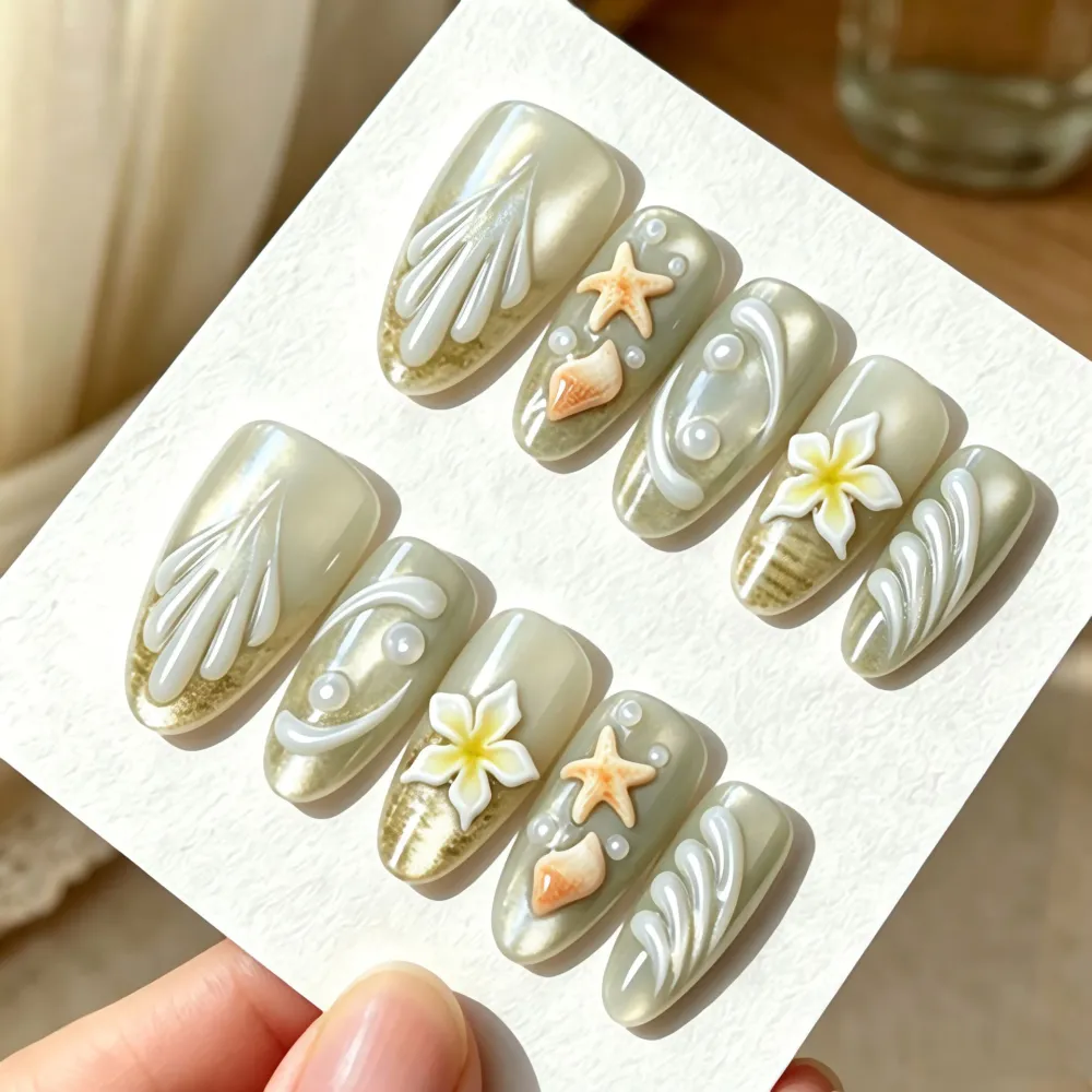 Nailhour 30Pcs Emboss Cat Eye 3D Medium Almond French Press On Nails