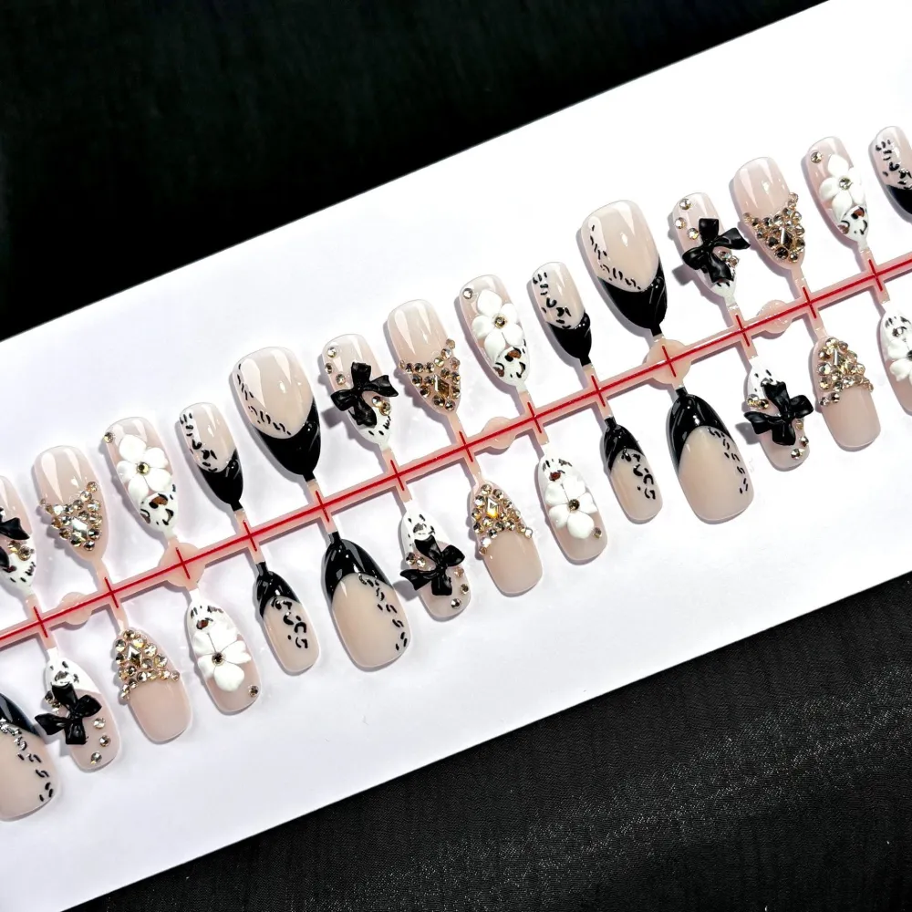 Nailhour 30Pcs Gilded 3D French Medium Almond Press On Nails