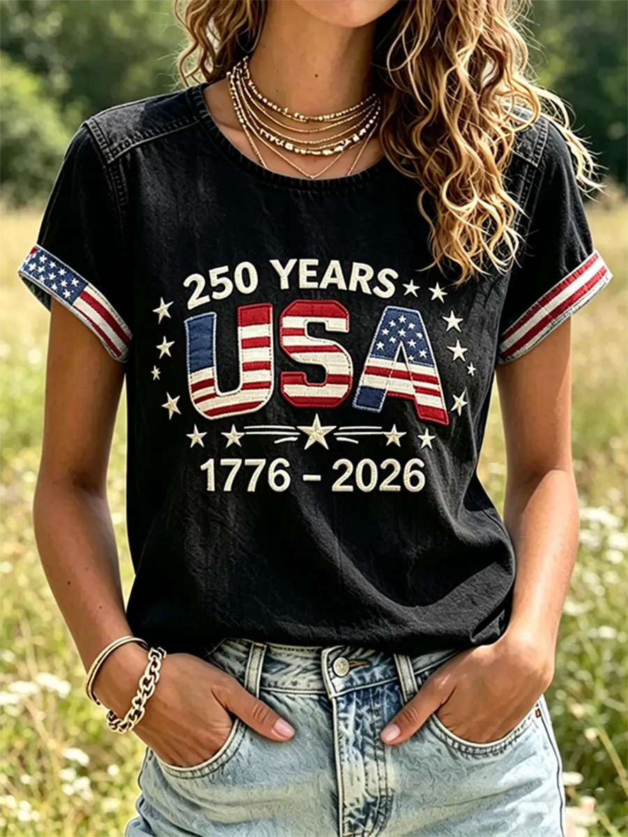 Women's USA 250th Anniversary Embroidered Denim Style T-shirt