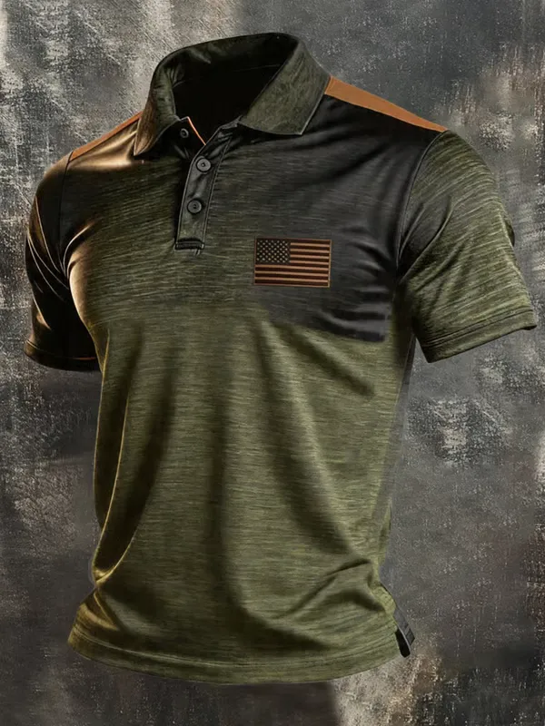Men's Retro Patriotic Color-Block Short-Sleeve Polo Shirt