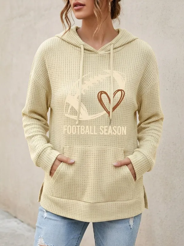 Women's Vintage-Inspired Football Season Heart Graphic Printed Waffle Hoodie