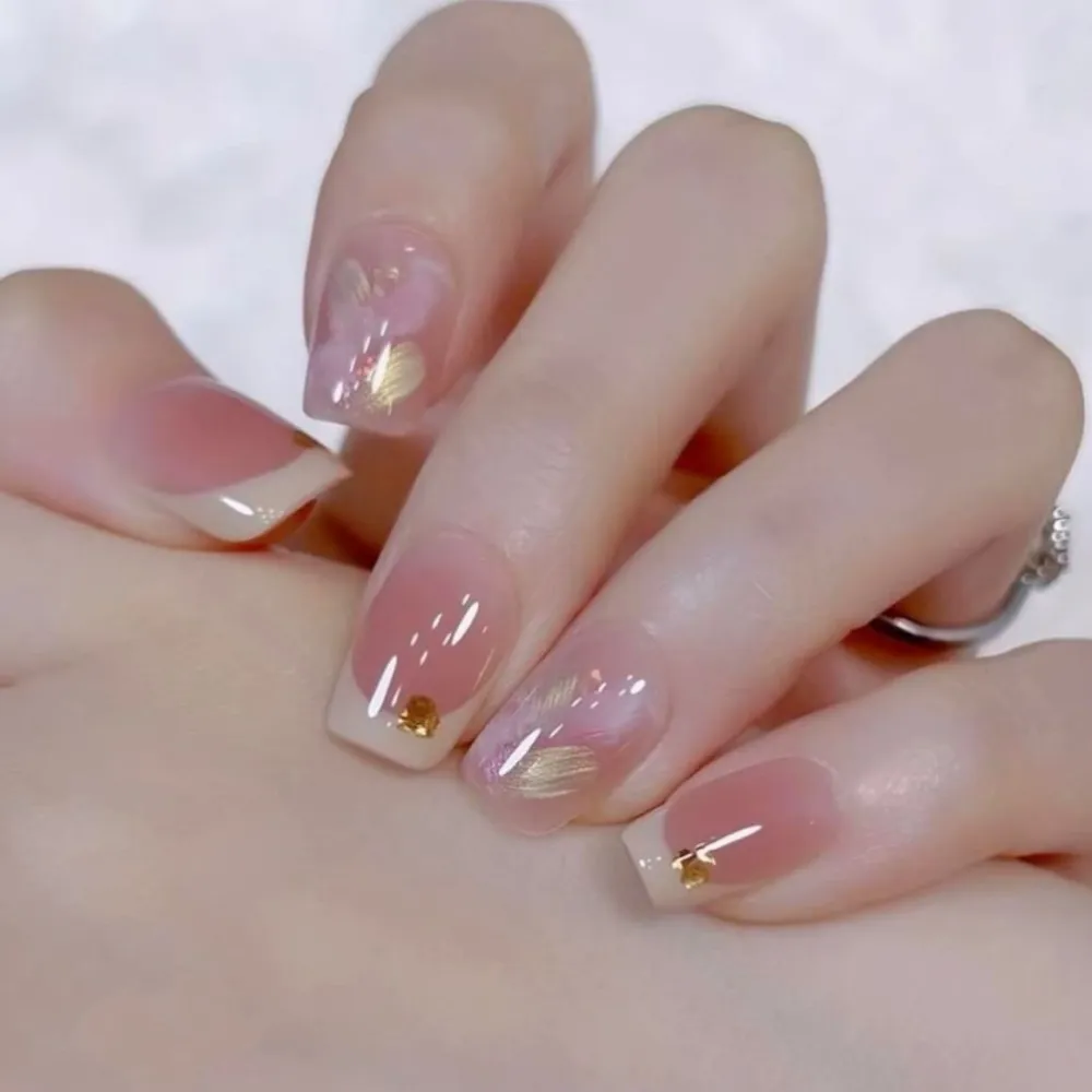 Nailhour 10Pcs Minimalist Blending French Medium Square Press On Nails