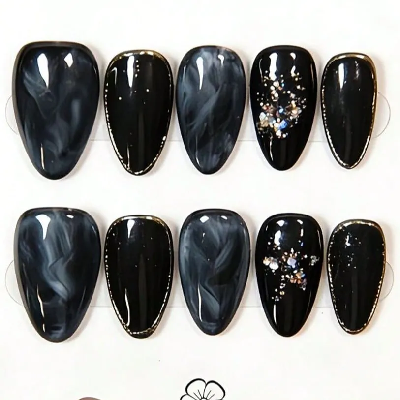 Nailhour 10Pcs Handmade Black Glitter Gothic Medium Almond Press On Nails