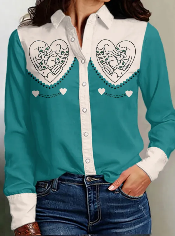 Women's Line Cat Print Western Long Sleeve Shirt