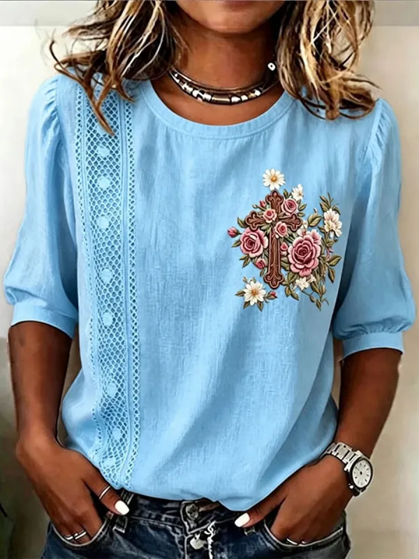 Women'S Cotton And Linen Floral Print Top