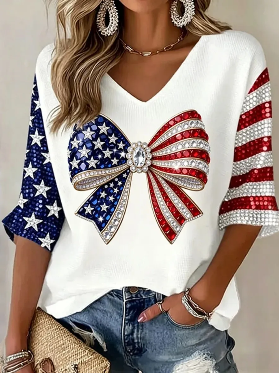 U.S. 250th Anniversary Bow Art Linen Long-Sleeve V-Neck Shirt