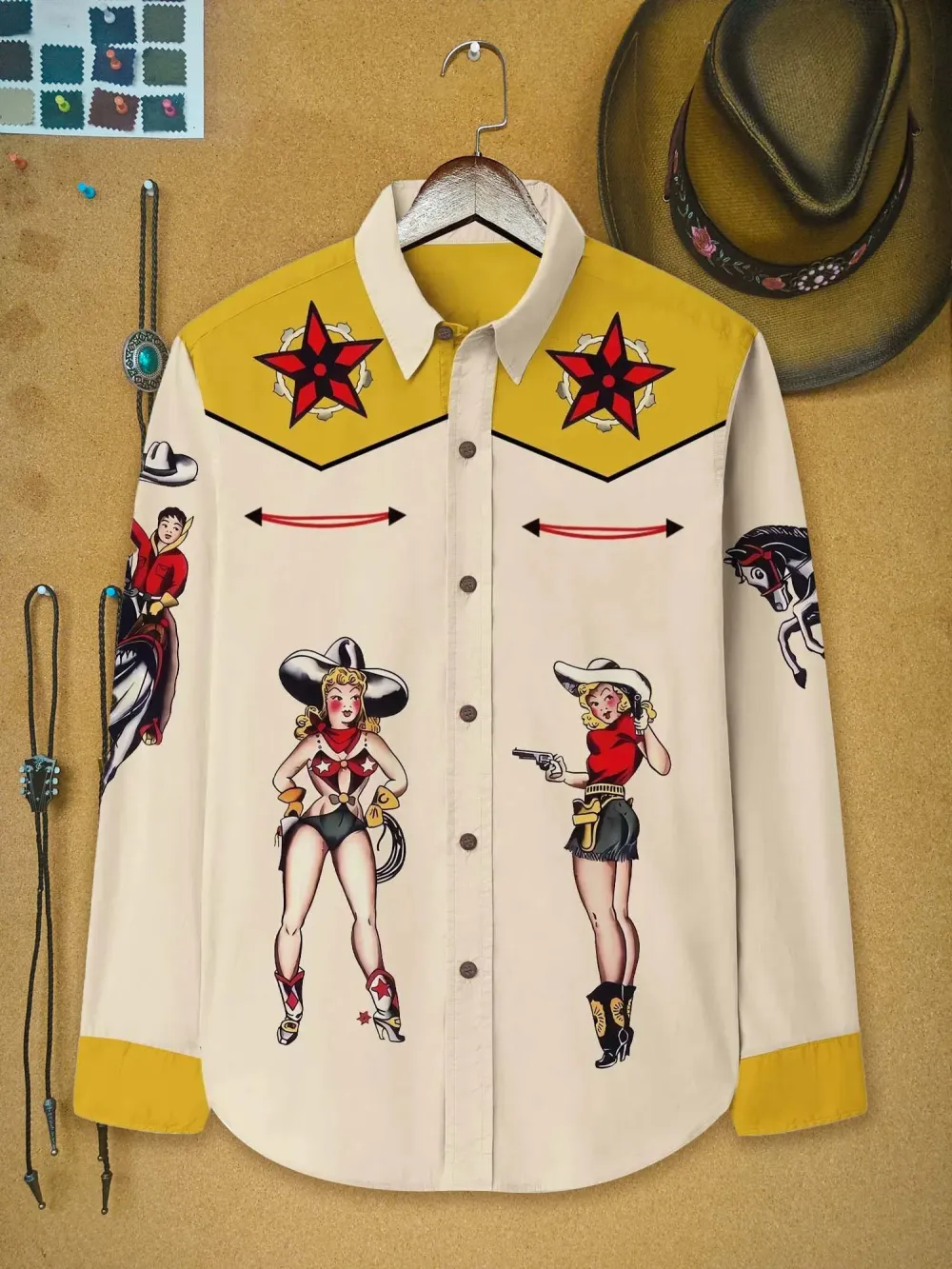 Classic Western Star Cowgirl Printed Hawaiian Shirt For Men Button-down Shirt Long Sleeve 100% Cotton Shirt