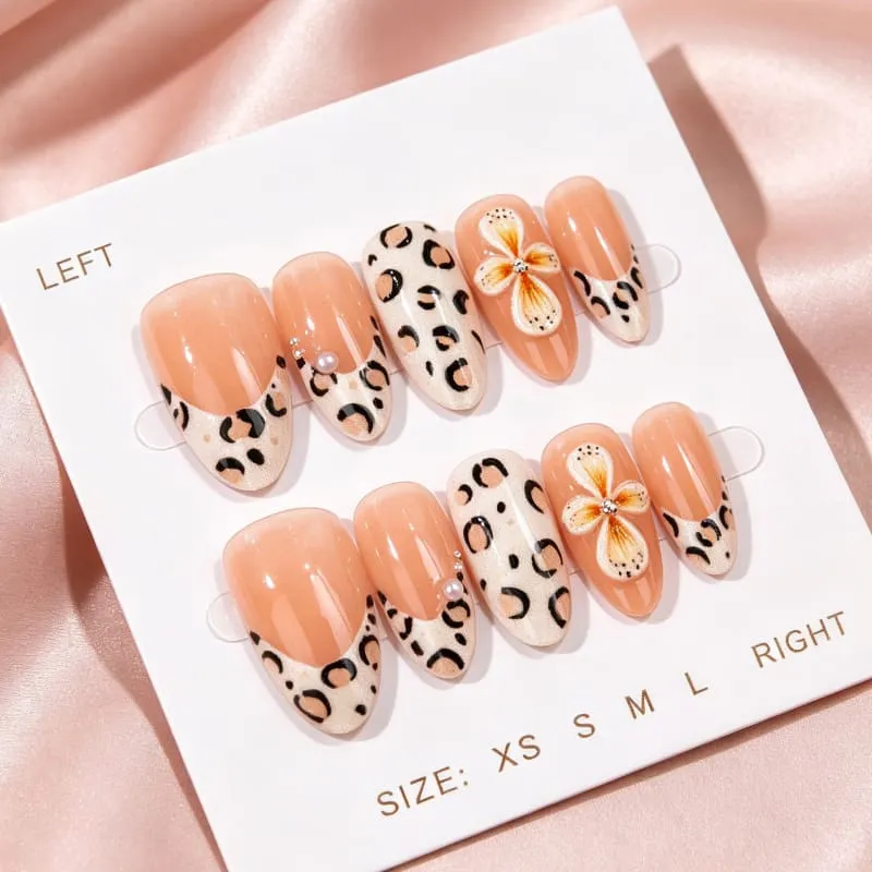 Nailhour 30Pcs 3D Floral French Leopard Print Medium Almond Press On Nails