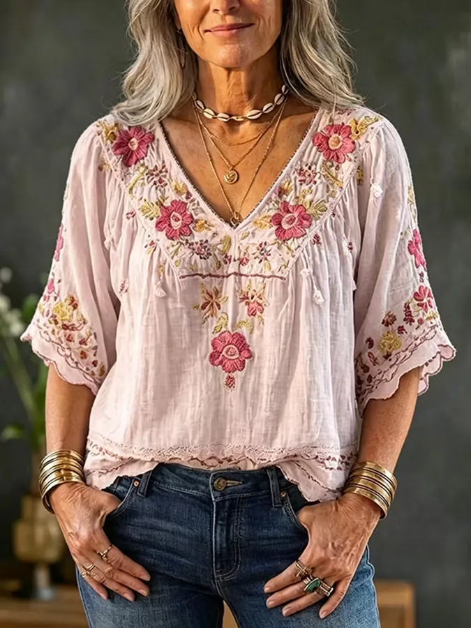 Women's V-neck floral print shirt