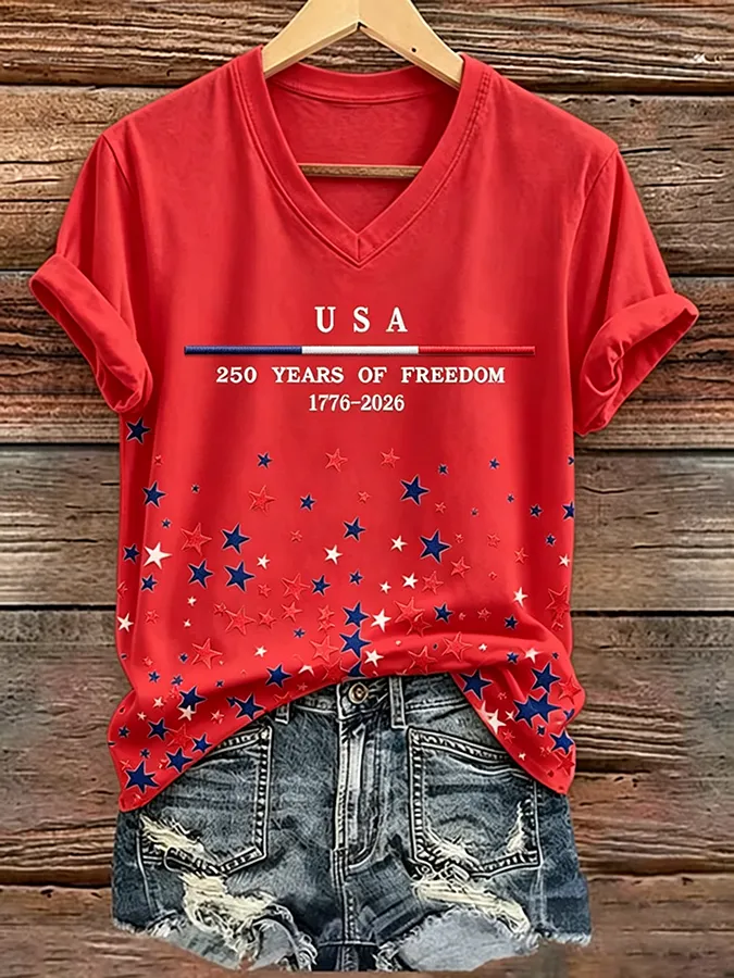 250Th Anniversary American Embroidery Commemorative V-Neck Short Sleeved T-Shirt