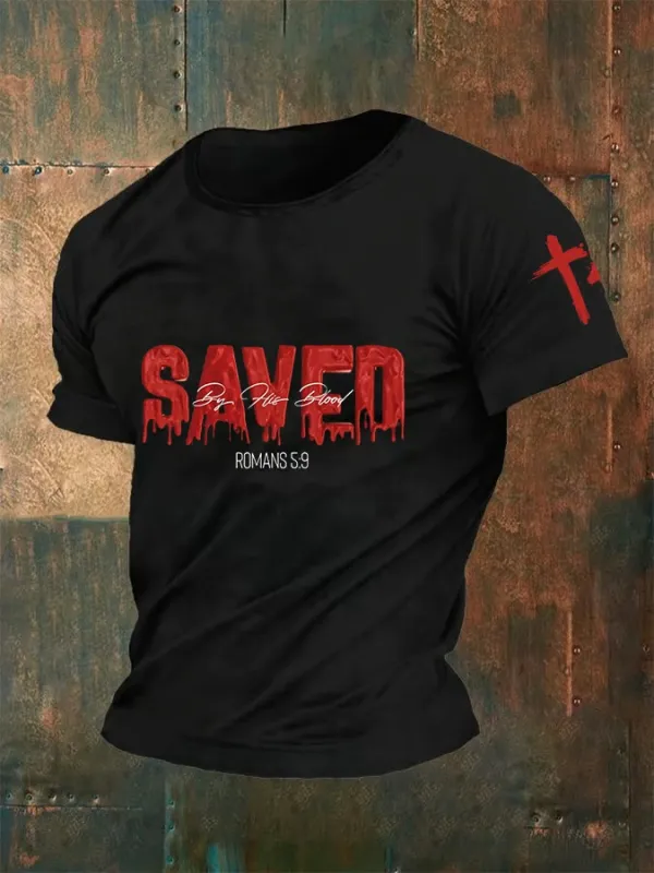 Men'S Saved By His Blood Print Casual T-Shirt