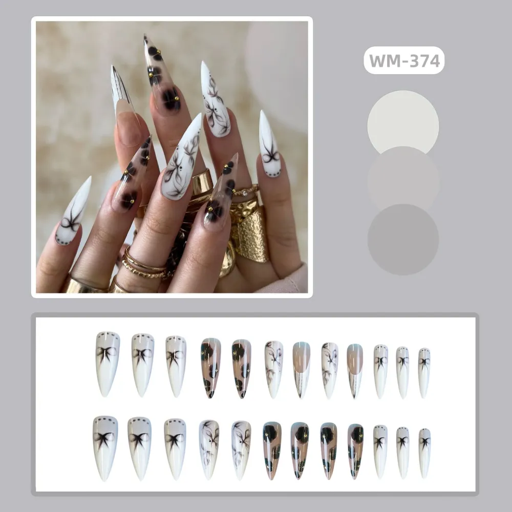 Nailhour 24Pcs Autumn White Long Stiletto Press On Nails