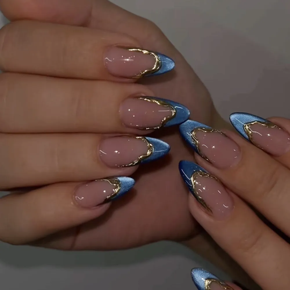 Nailhour 24Pcs 3D Gilded Blue French Press On Nails