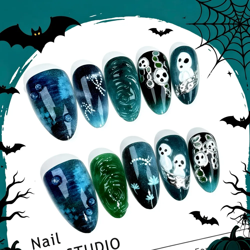 Nailhour 30Pcs Halloween Cat Eye 3D Medium Almond Press On Nails