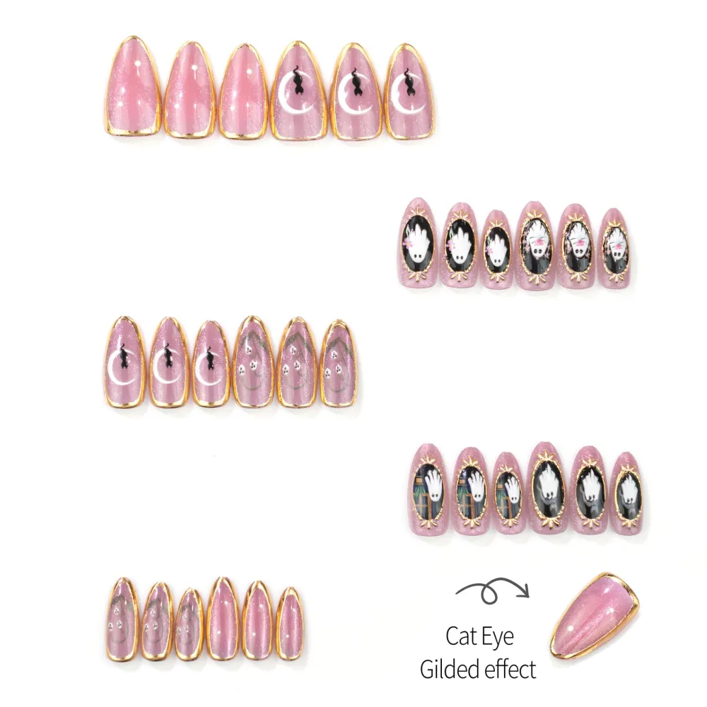 Nailhour 30Pcs Purple Ghost Gilded Halloween Medium Almond Press On Nails