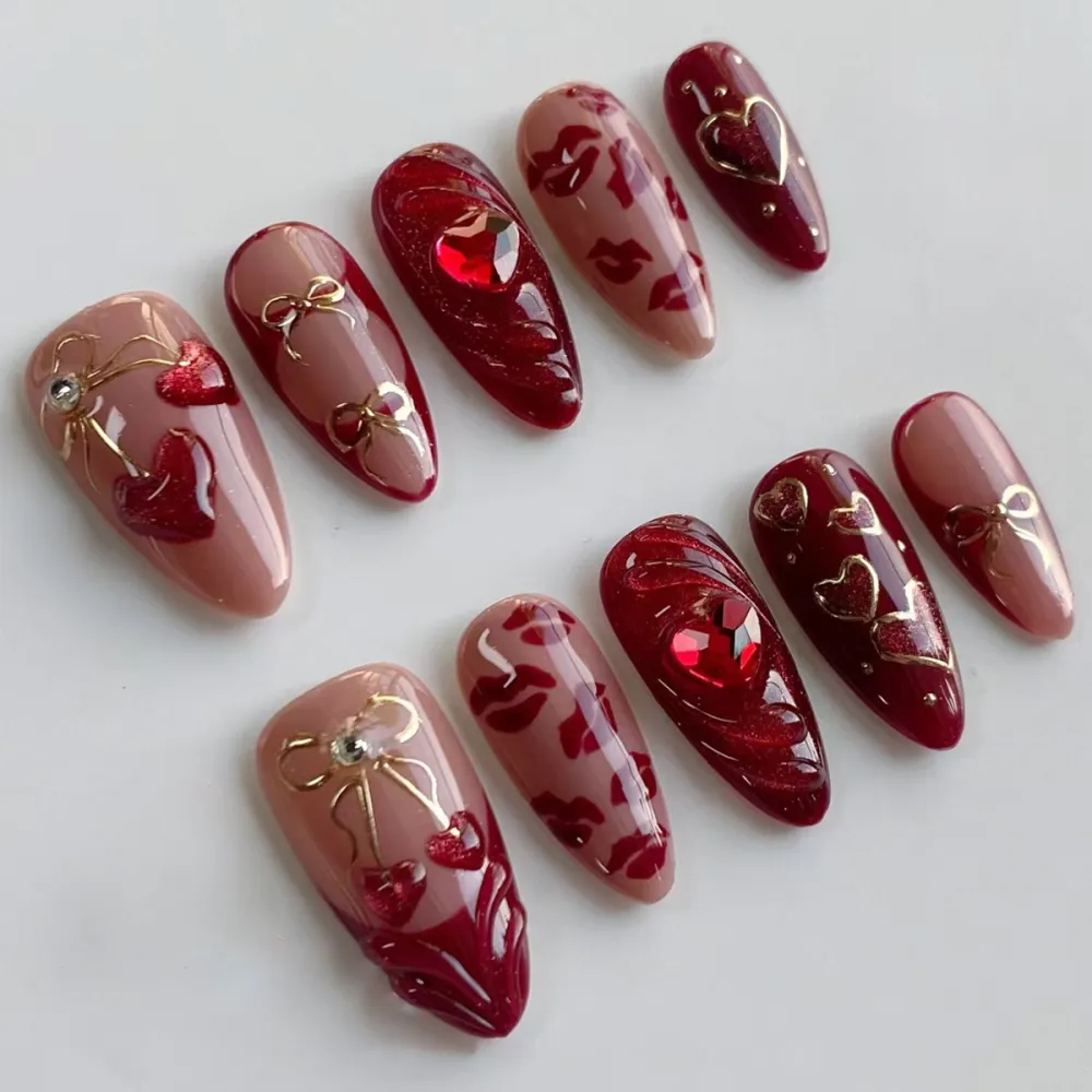 Nailhour Cat Eye Heart Cherry Bow 3D 30Pcs Handmade Red Press On Nails