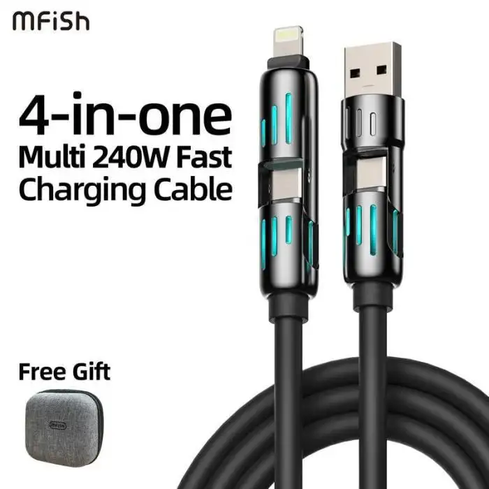 240W 4-in-1 USB-C Cable, PD 5A Fast Charging, Data Sync, USB-A, Type-C, Lightning, Aluminum, Compatible with iPhone 16/15, iPad, Samsung, Laptops