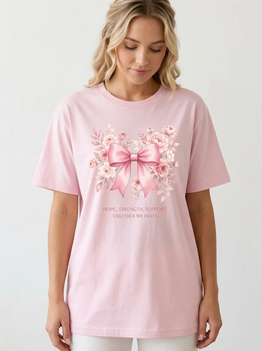Women's Breast Cancer Awareness Floral Bow Printed T-shirt