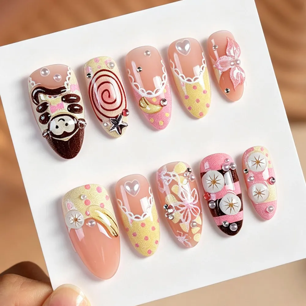 Nailhour 30Pcs French 3D Rhinestone Medium Almond Press On Nails
