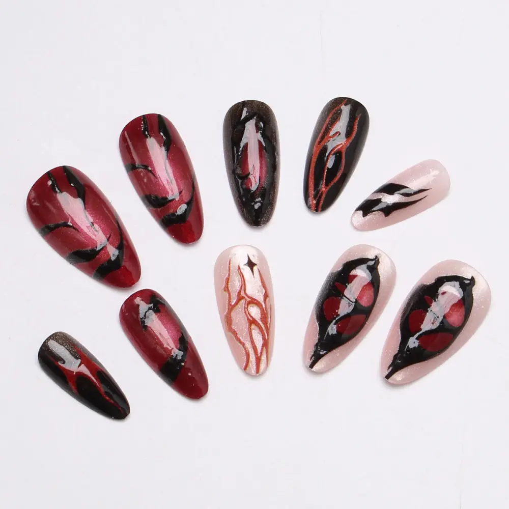 Nailhour 24Pcs Red Cat Eye Medium Almond Press On Nails